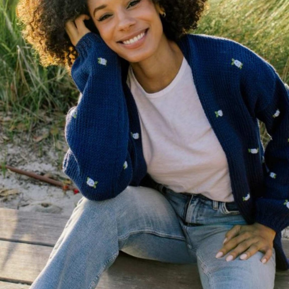 Fanm Mon Deep Blue Cardigan with Floral Accents
